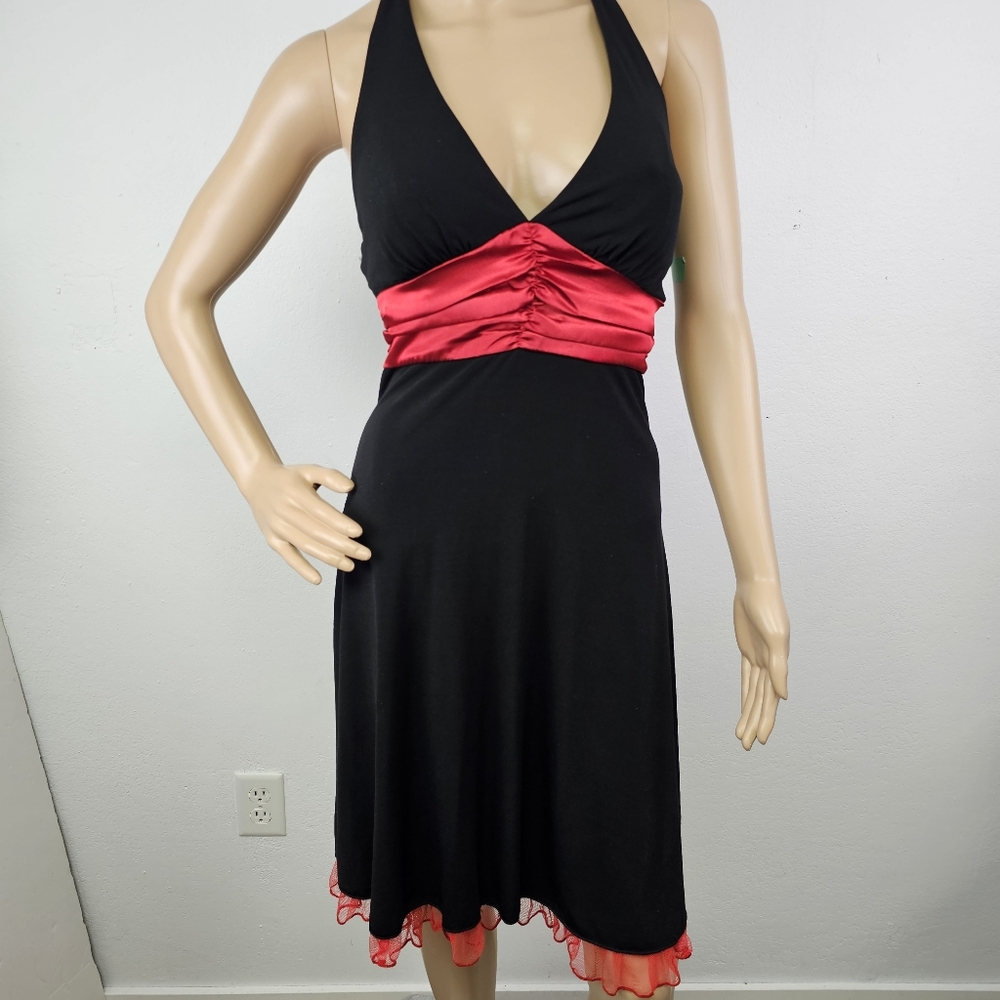 VTG Ruby Rox Dress Black Knit Halter Babydoll Red Waist Tulle Hem Sz M 70s 80s